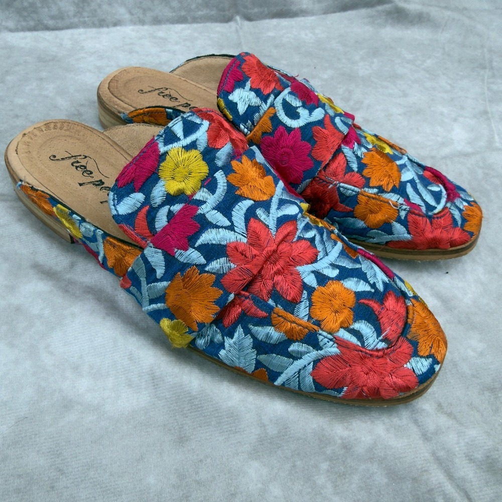 Free People At‎ Ease Floral Embroidered Loafer Mules Blue Red Orange Womens 37